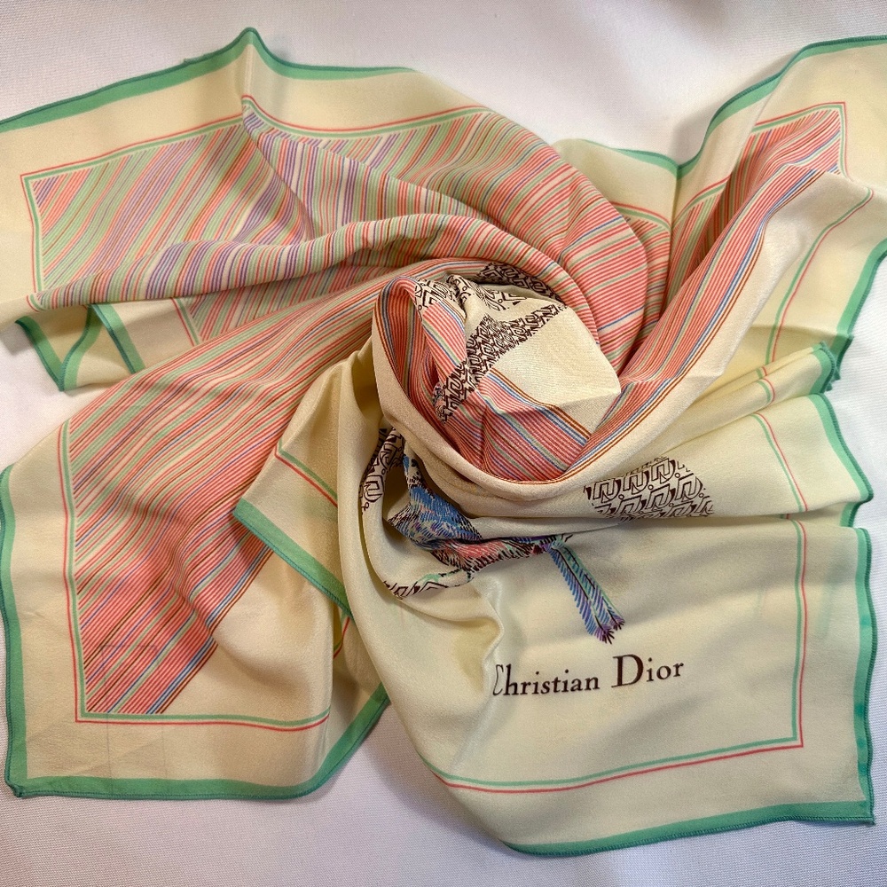 Vintage Christian Dior Silk Scarf Ivory Stripes and Birds Monogram